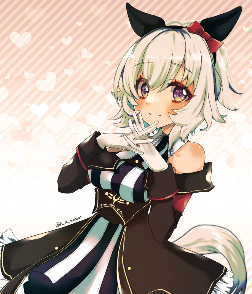 1girl, animal_ears, bare_shoulders, black_hairband, blush, bow, breasts, closed_mouth