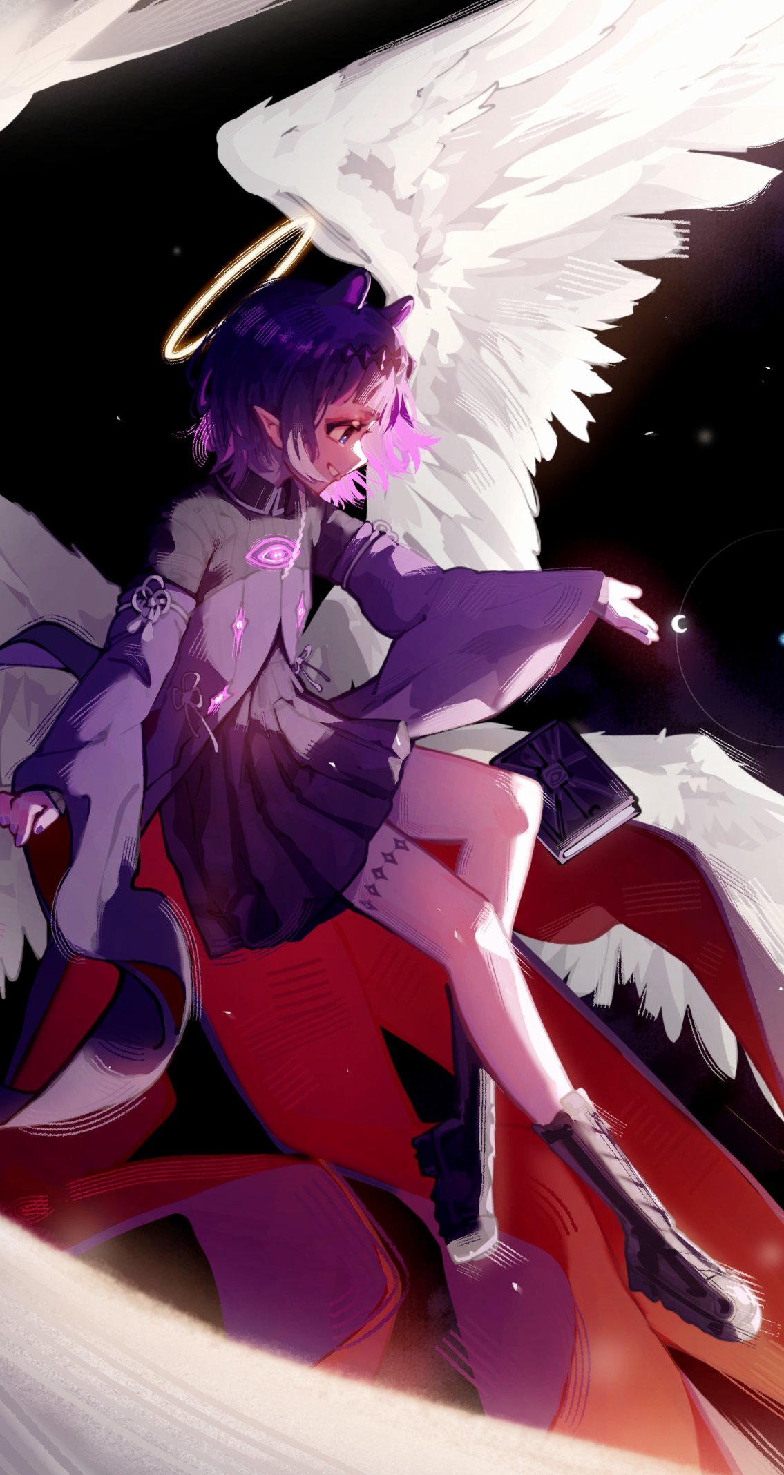 1girl, a0s0l, black_boots, blue_eyes, boots, collared_dress, commentary, crescent_moon