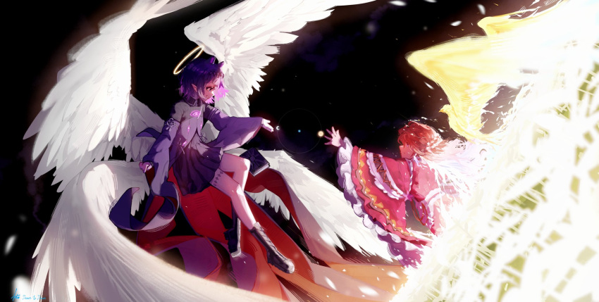 2girls, a0s0l, black_boots, blue_eyes, boots, braid, collared_dress, commentary