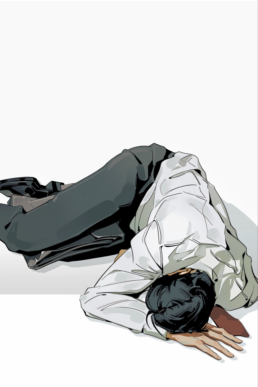 1boy, awa444, black_hair, black_pants, black_shoes, commentary, face_down, highres