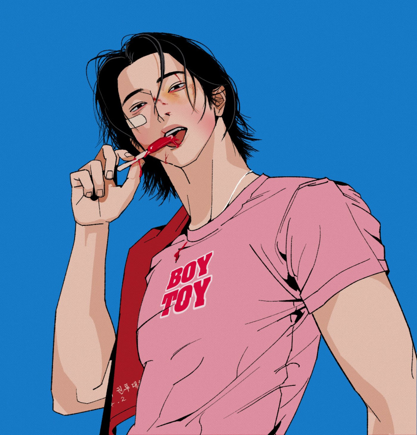 1boy, ahn_pyeong-hwa_(master-peace), black_hair, blood, blood_on_face, blue_background, candy, commentary
