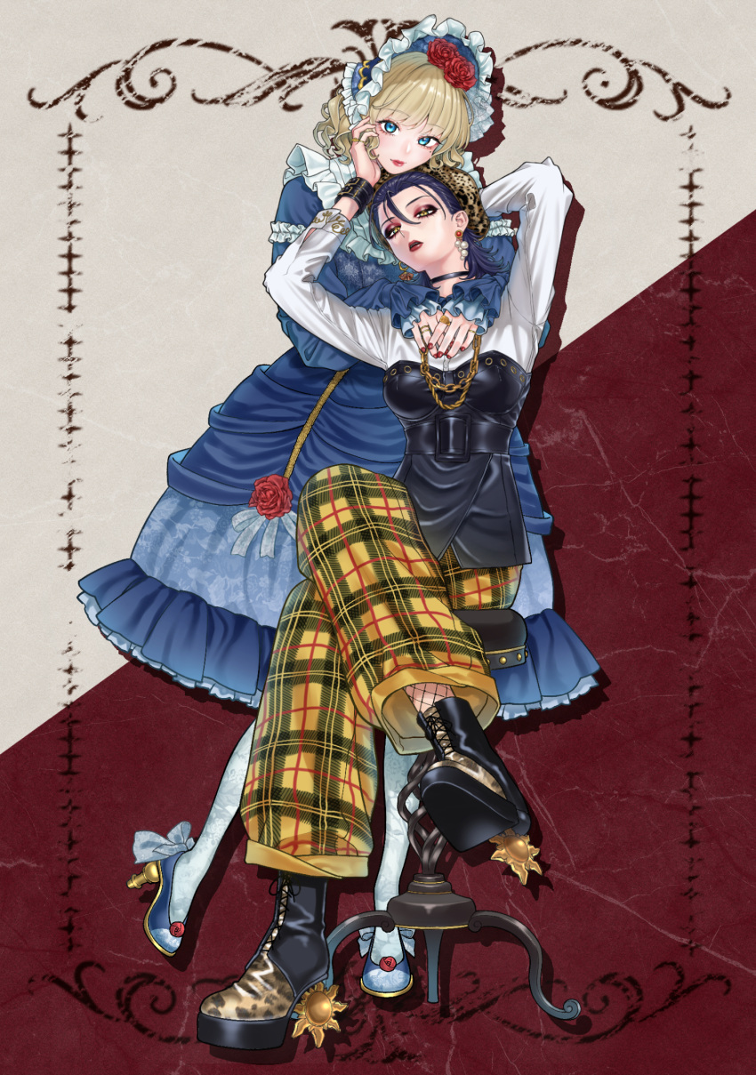 1boy, 1girl, amata_(kanazawa_shinnosuke), androgynous, animal_print, arms_around_neck, arms_up, baggy_pants