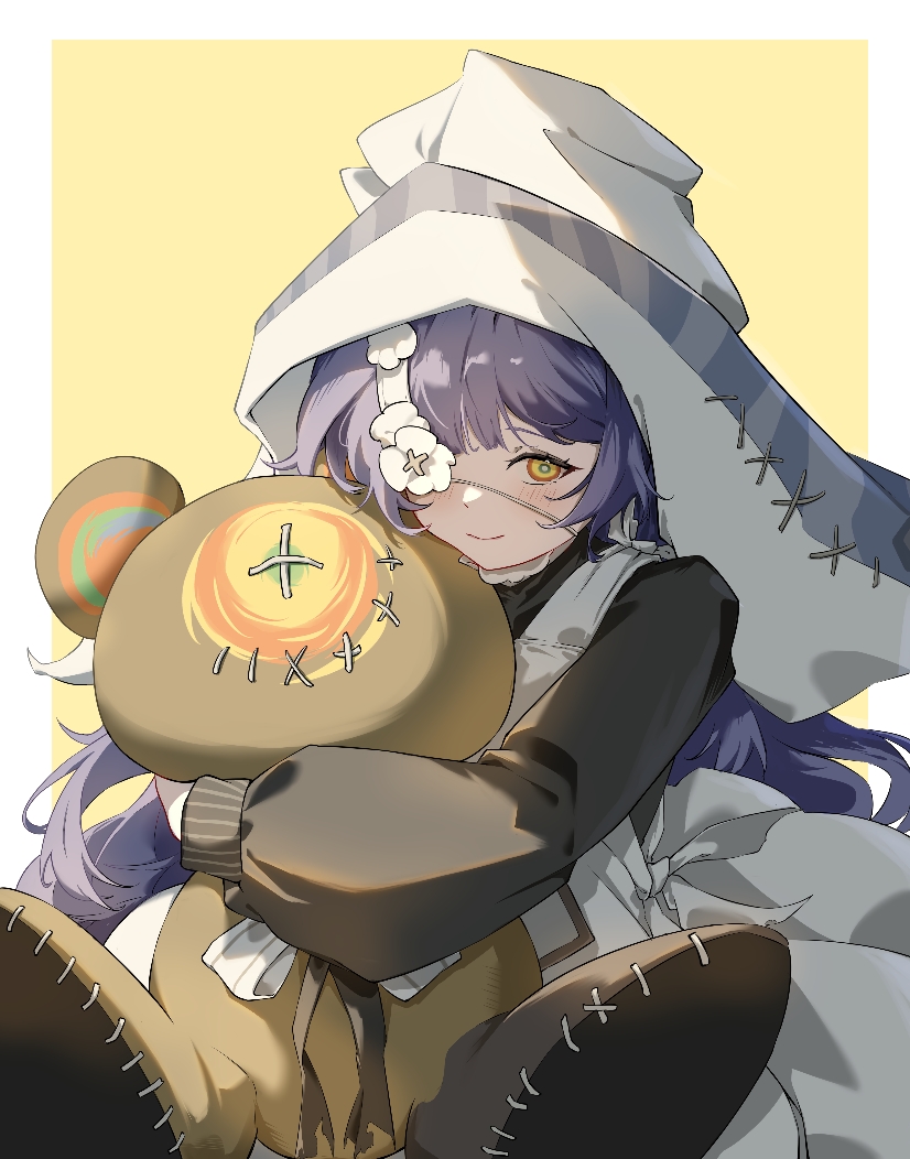 1girl, 3543045829, aigis_(morimens), blue_hair, closed_mouth, hat, hugging_doll, hugging_object