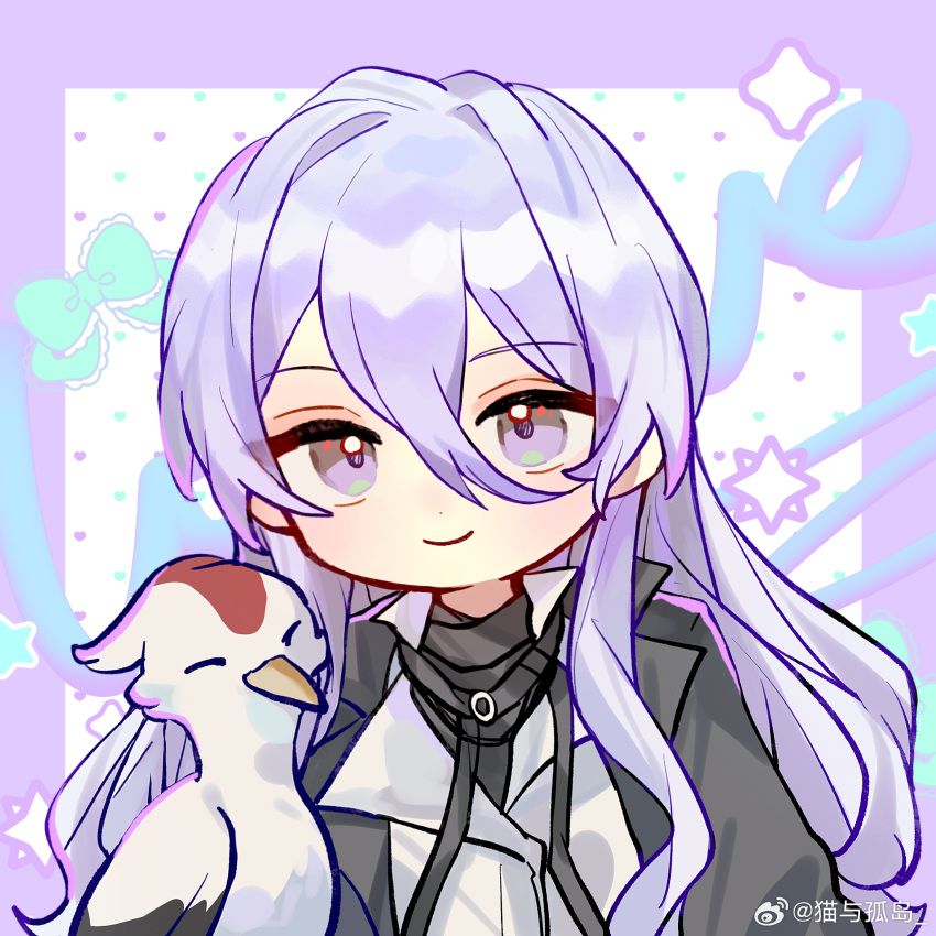 1boy, bird, black_jacket, black_ribbon, black_shirt, border, bow, cael_anselm, character_name, chinese_commentary, closed_mouth, commentary_request, crane_(animal), deformed, green_bow, hair_between_eyes, heart, heart_background, highres, jacket, lapels, long_hair, long_hair_between_eyes, long_sleeves, looking_at_viewer, lovebrush_chronicles, male_focus, maoyu_gudao_falling, neck_ribbon, notched_lapels, open_clothes, open_jacket, outside_border, purple_border, purple_hair, ribbon, shirt, smile, solo, sparkle, star_(symbol), undershirt, upper_body, violet_eyes, watermark, weibo_watermark, white_background, white_shirt, wing_collar