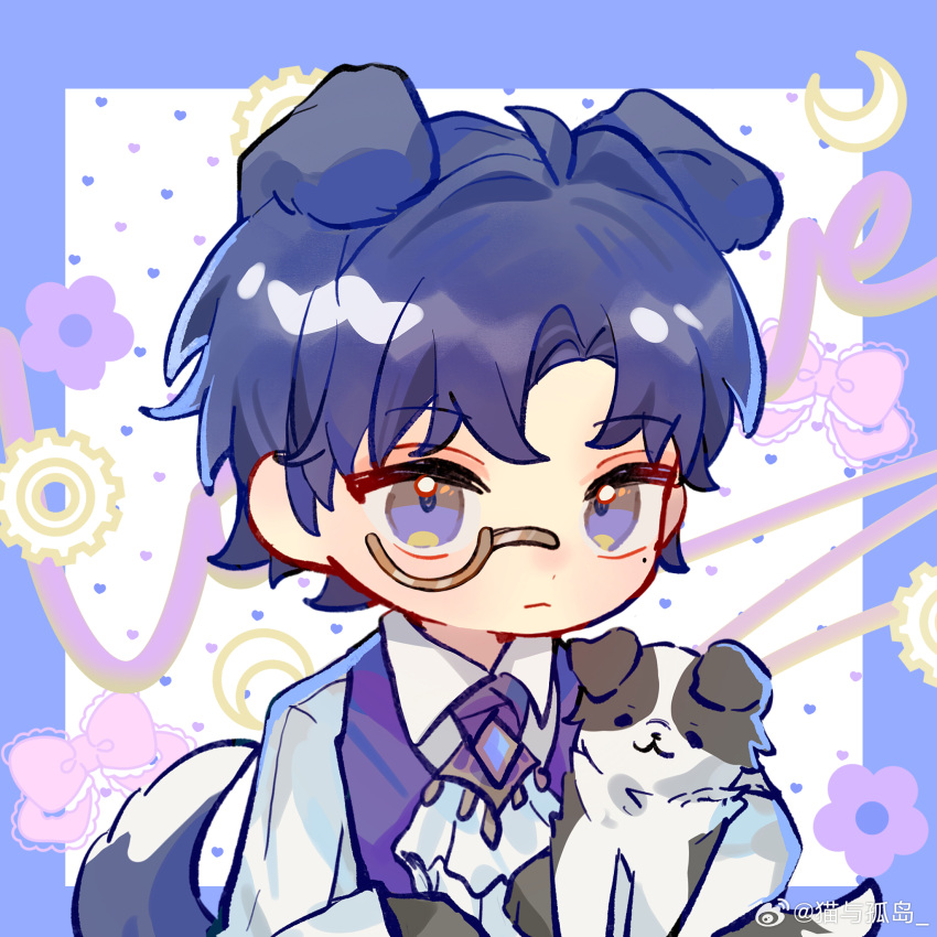 1boy, :<, animal_ears, ascot, black_gloves, blue_border, blue_hair, border