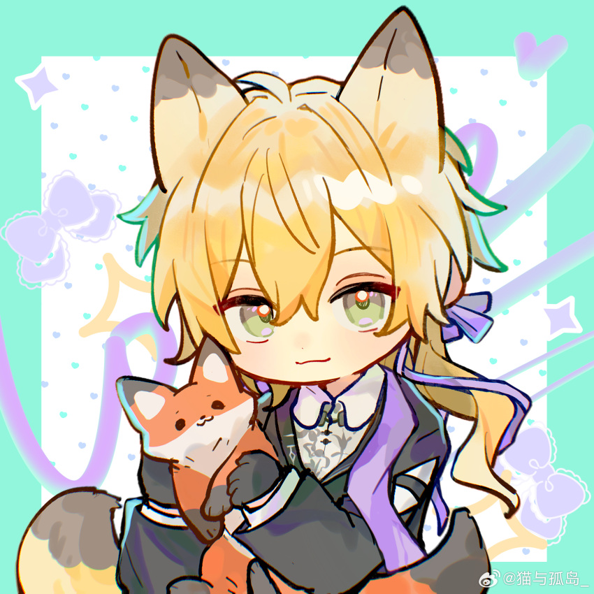 1boy, :3, alkaid_mcgrath, animal, animal_ears, black_gloves, black_jacket, blonde_hair