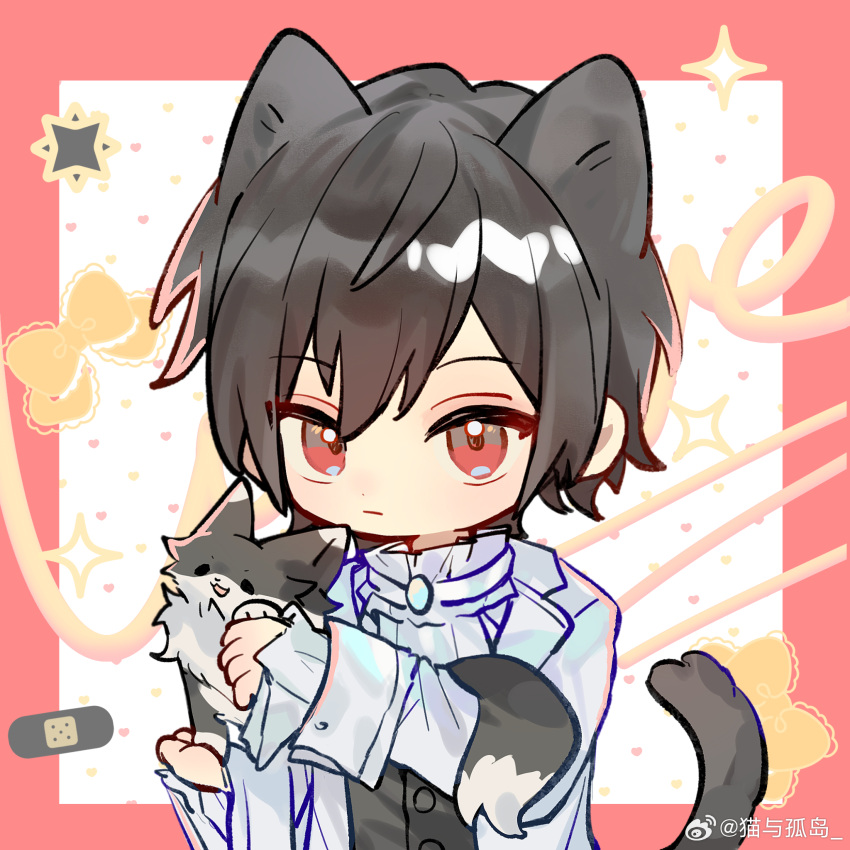 1boy, :|, animal, animal_ears, ascot, ayn_alwyn, bandaid, black_cat