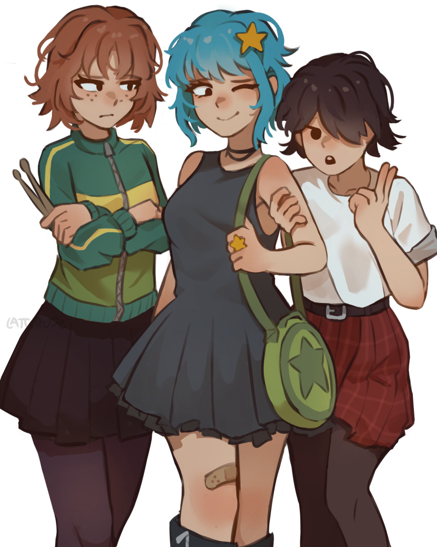 3girls, :/, :o, absurdres, aqua_hair, armpits, artist_name, bandaid_on_thigh