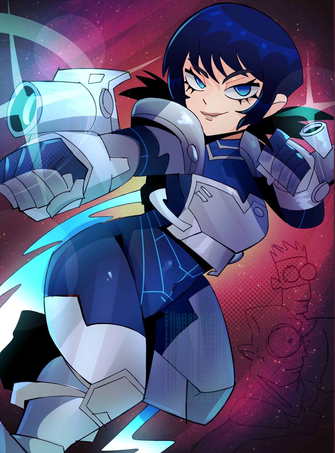 1girl, allen_(invincible), arm_cannon, armor, artist_name, black_hair, blue_eyes, blue_fire