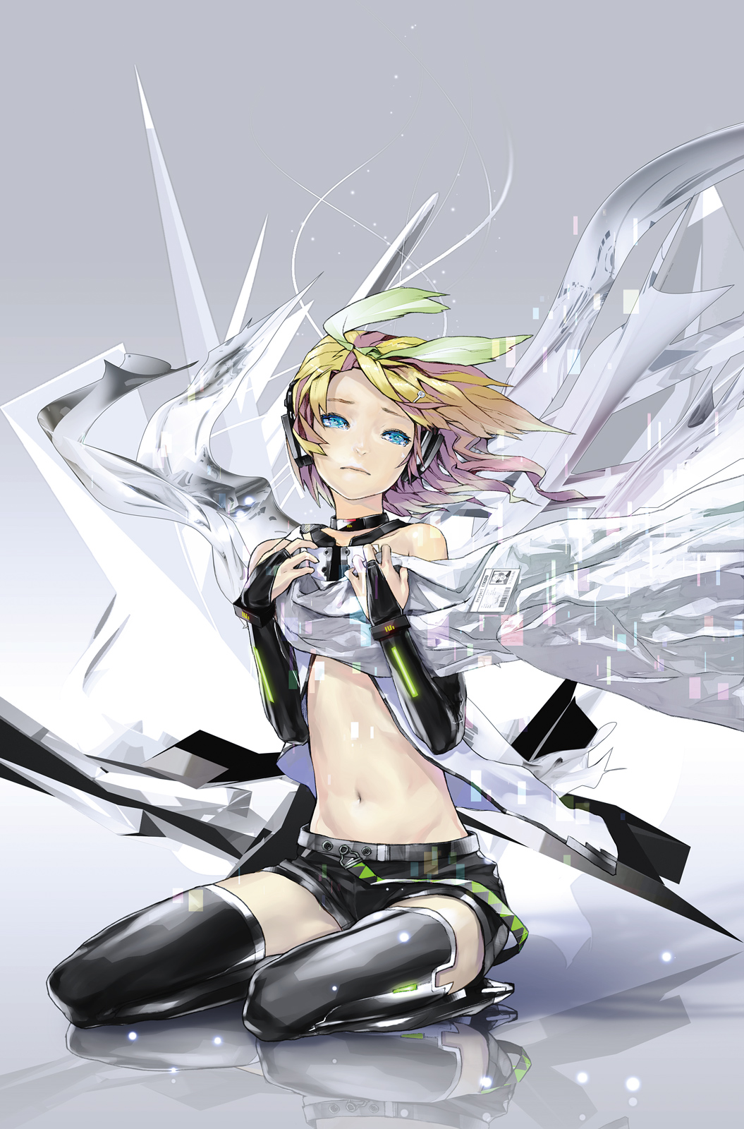 blue_eyes, bow, fingerless_gloves, gloves, hair_bow, headphones, highres, kagamine_rin