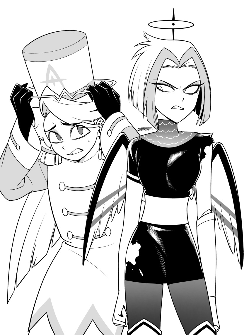 1boy, 1girl, abel_(hazbin_hotel), absurdres, angel, angel_wings, angry, arms_at_sides