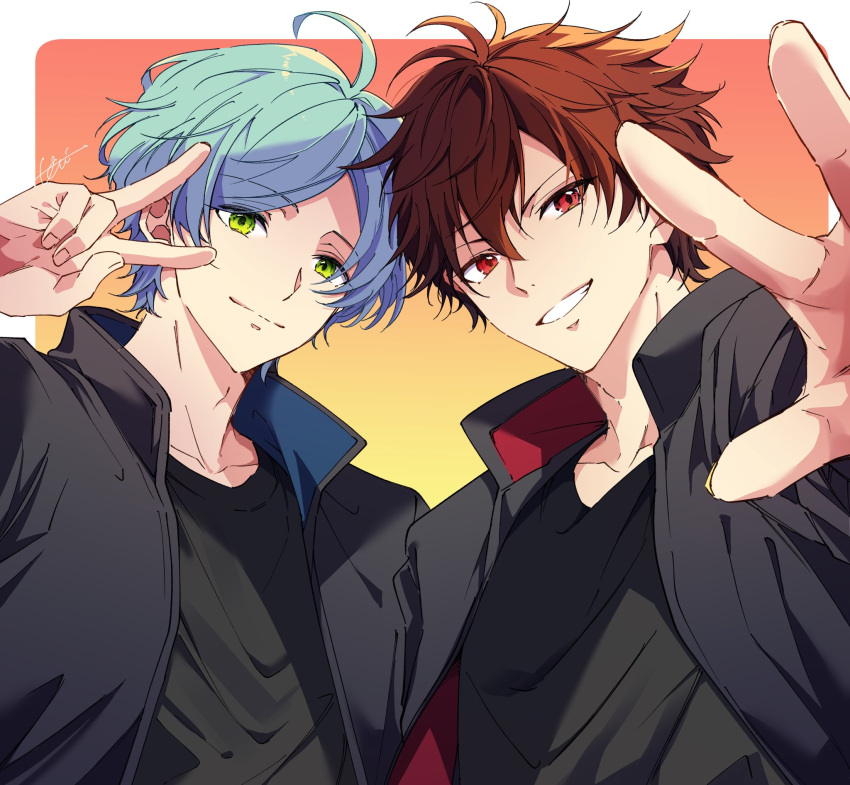 2boys, ahoge, black_shirt, blue_hair, border, brown_hair, clenched_teeth, closed_mouth
