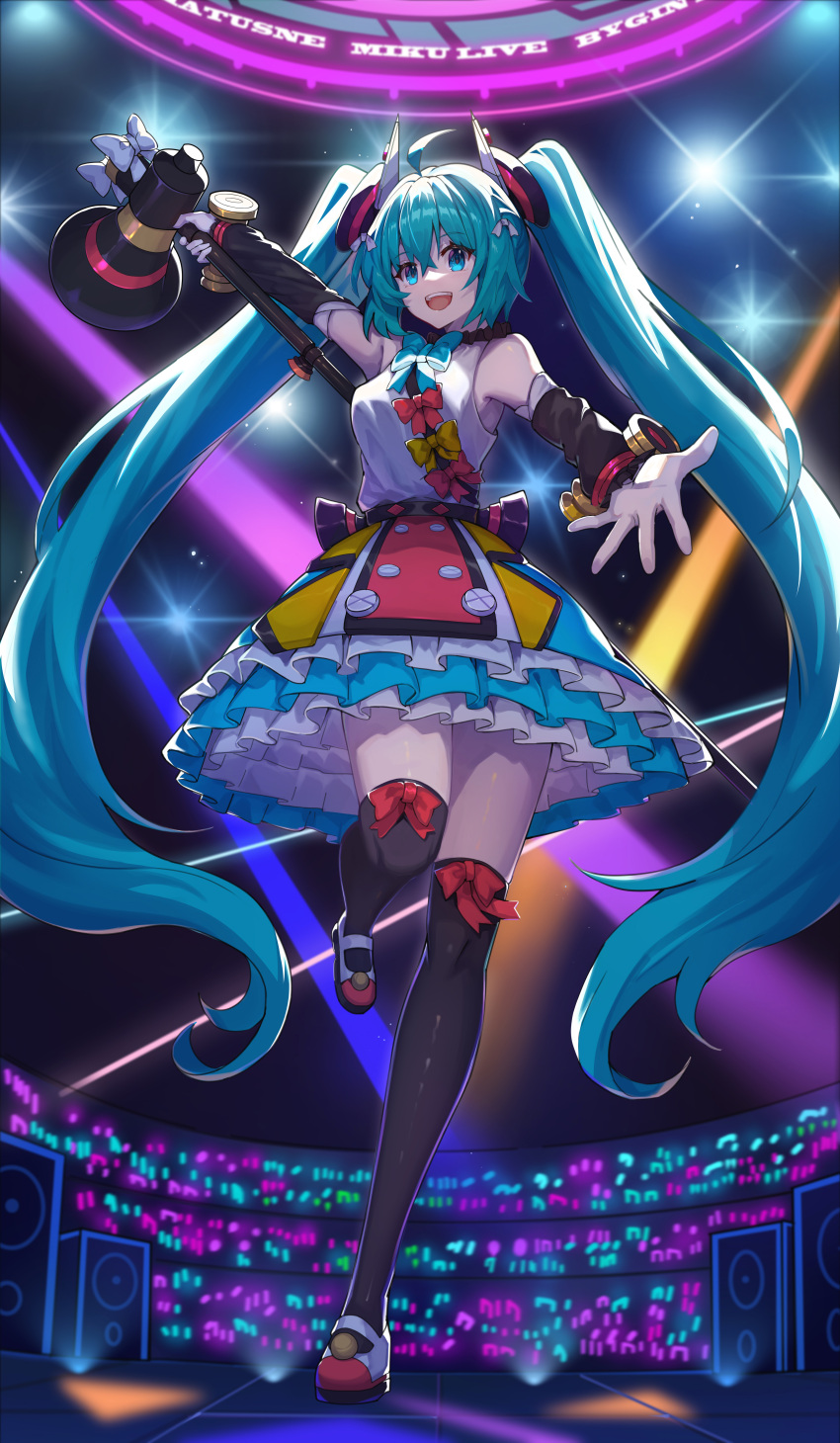 1girl, absurdres, aqua_bow, aqua_bowtie, aqua_eyes, aqua_hair, arm_up, black_thighhighs