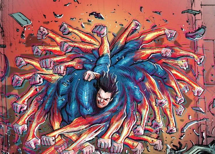 1boy, absolute_dc, absolute_superman, afterimage, black_hair, bodysuit, dc_comics, extra_arms