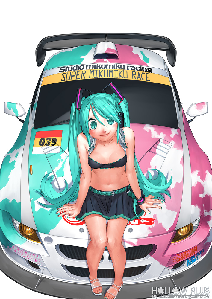 1girl, aqua_eyes, aqua_hair, belt, bmw, bmw_z4, car, hatsune_miku, itasha, kazeto, long_hair, midriff, motor_vehicle, navel, race_queen, racequeen, sandals, simple_background, sitting, sitting_on_car, skirt, smile, solo, twintails, vehicle, very_long_hair, vocaloid