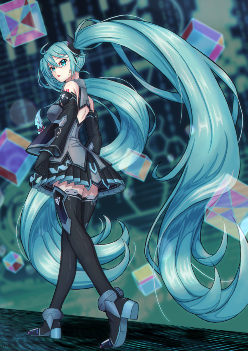1girl, absurdres, ahoge, aqua_eyes, aqua_hair, aqua_necktie, aqua_trim, armpits