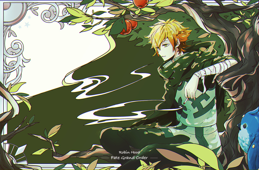1boy, bandaged_arm, bandages, bird, blue_bird, cape, cigarette, fate/grand_order