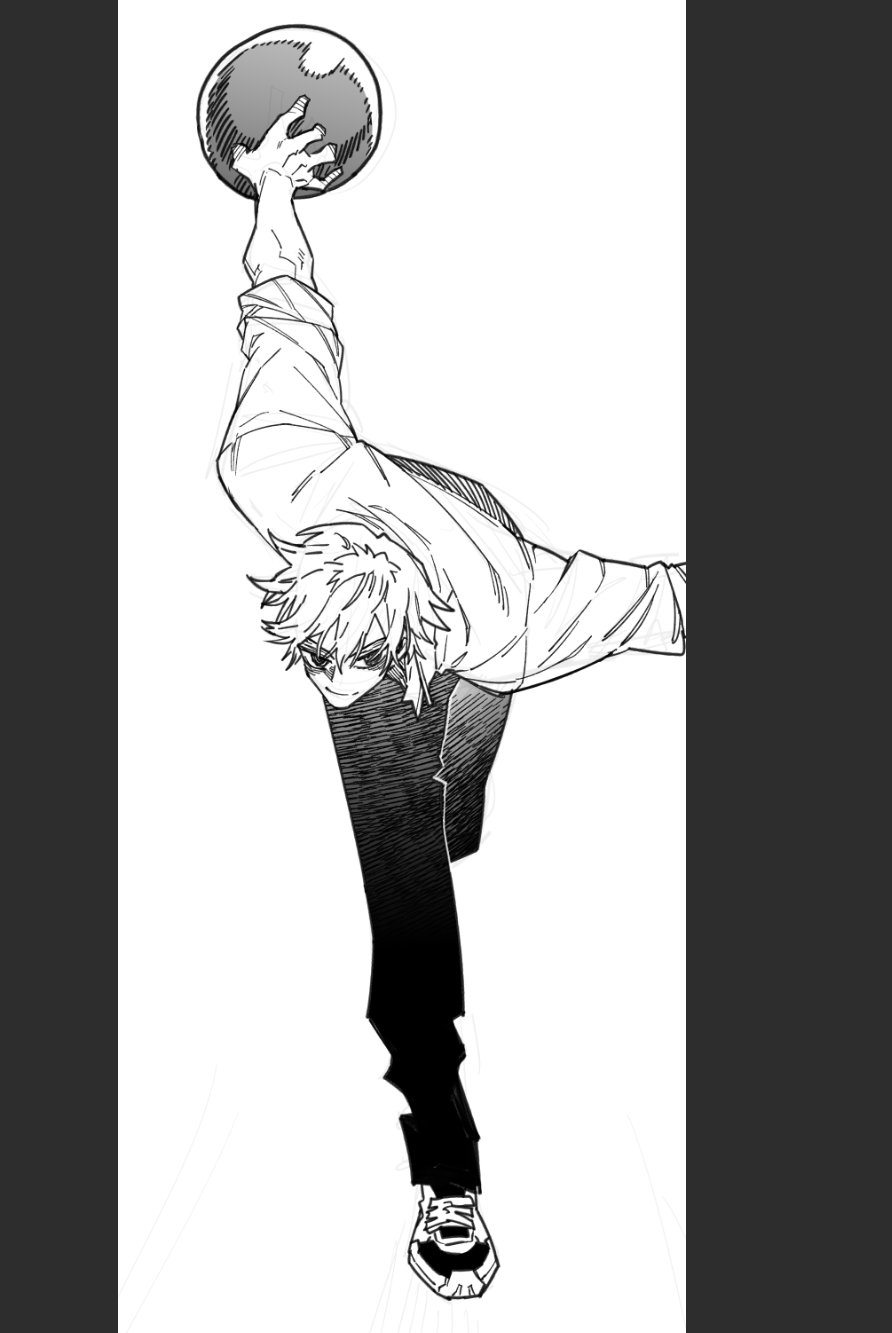 1boy, baek_gwanghwi, ball, border, bowling, bowling_ball, collared_shirt, full_body, grey_border, greyscale, hair_between_eyes, high_school_boy, highres, korean_commentary, lineart, looking_at_viewer, messy_hair, monochrome, parkgee, pillarboxed, shirt, simple_background, smile, solo, squiggle_eyes, white_background