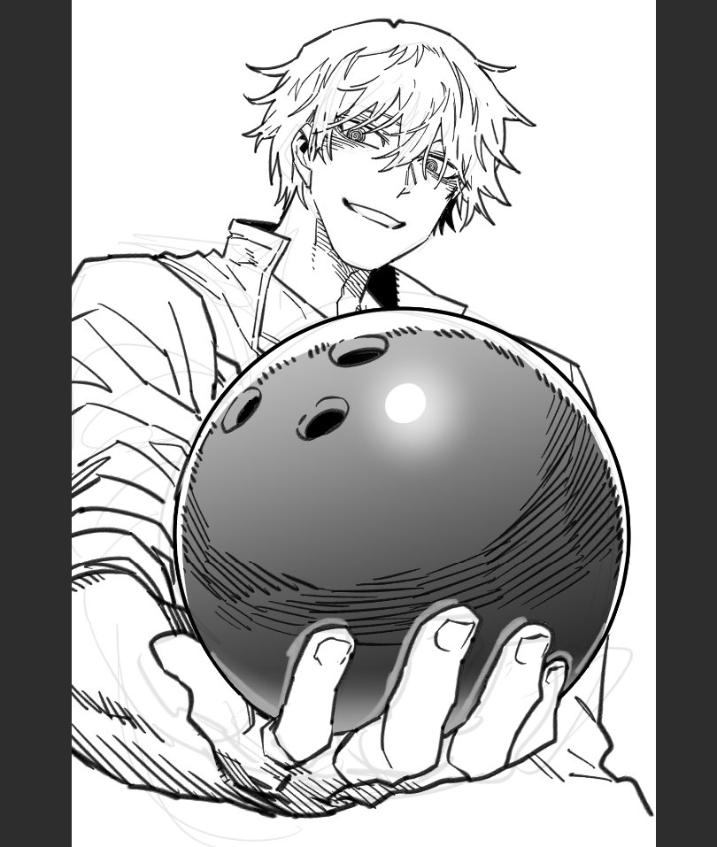 1boy, baek_gwanghwi, ball, border, bowling_ball, collared_shirt, grey_border, greyscale, grin, hair_between_eyes, high_school_boy, korean_commentary, lineart, looking_at_viewer, messy_hair, monochrome, parkgee, pillarboxed, shirt, simple_background, smile, solo, squiggle_eyes, white_background