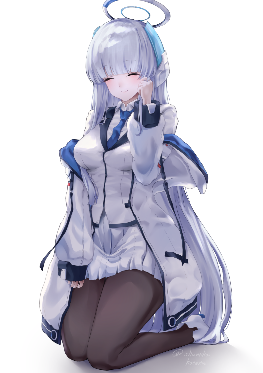 1girl, black_pantyhose, blue_archive, blue_necktie, blush, breasts, closed_mouth, collared_shirt, commentary_request, full_body, halo, hari_shumika, headphones, highres, jacket, kneeling, large_breasts, long_hair, long_sleeves, looking_at_viewer, mechanical_halo, necktie, noa_(blue_archive), off_shoulder, open_clothes, open_jacket, pantyhose, school_uniform, shirt, simple_background, sitting, skirt, sleeves_past_wrists, smile, solo, suit, twitter_username, two-sided_fabric, two-sided_jacket, very_long_hair, violet_eyes, white_background, white_hair, white_halo, white_jacket, white_shirt, white_skirt, white_suit