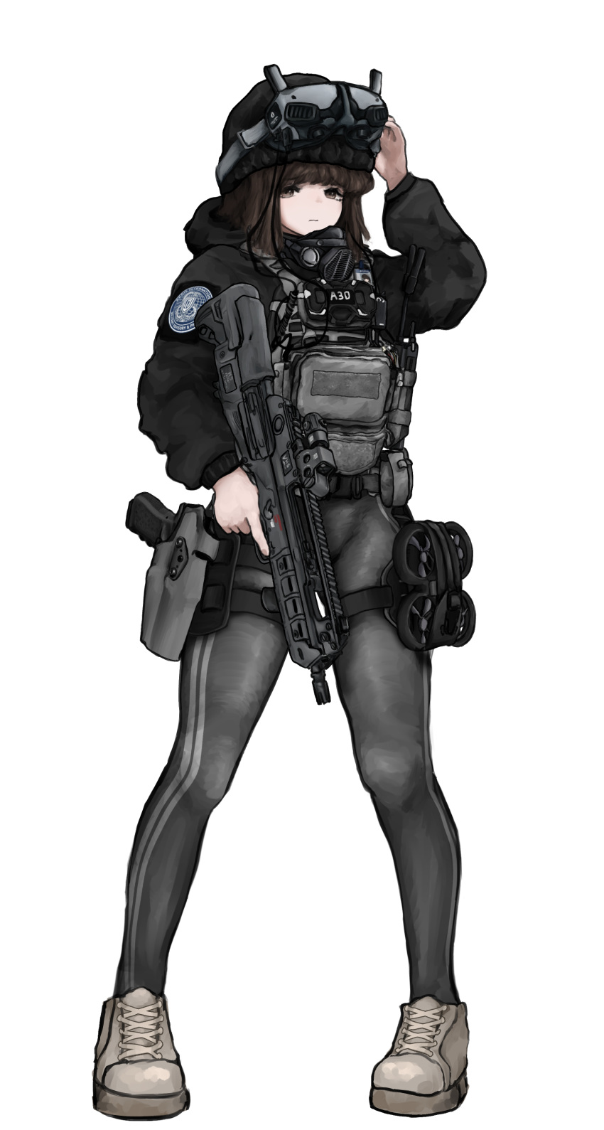 1girl, absurdres, assault_rifle, bdp_lee, black_eyes, black_hair, drone, goggles, gun, hand_on_own_head, handgun, helmet, highres, holding, holding_weapon, military, military_combat_uniform, military_uniform, original, rifle, shoes, skin_tight, sneakers, solo, solo_focus, tactical_clothes, weapon, weapon_request, white_background