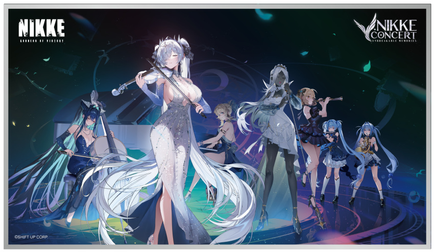 abe_(nikke), anis_(nikke), aria_(nikke), artist_request, backless_dress, backless_outfit, black_dress, black_hair