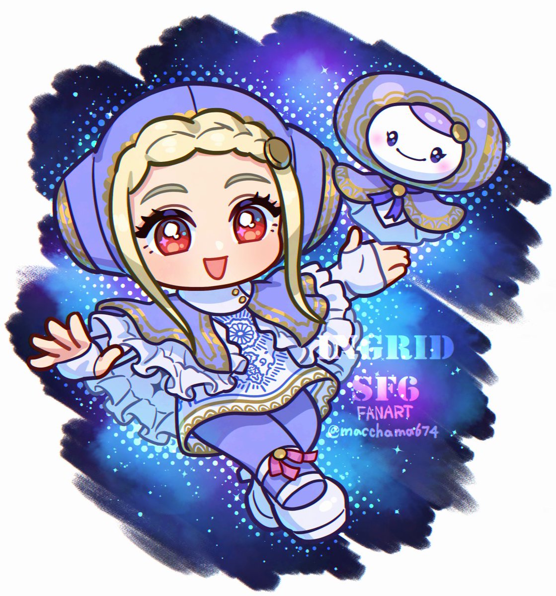 1girl, :d, blonde_hair, character_doll, character_name, chibi, chibi_only, commentary_request