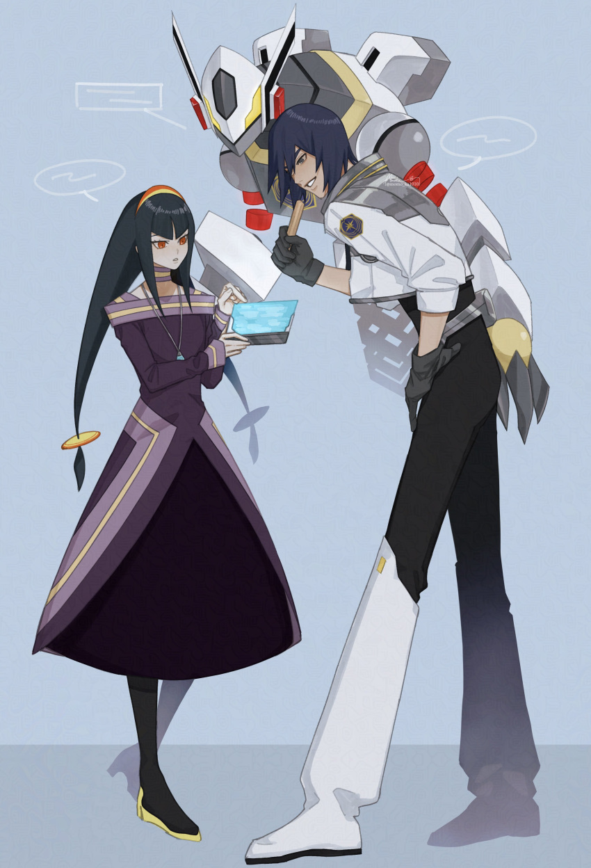 1boy, 1girl, a.c._eos_(mega_man), absurdres, acid_(mega_man), black_gloves, black_hair, black_pants