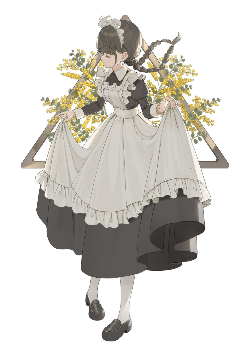 1girl, apron, black_dress, braid, brown_hair, closed_eyes, closed_mouth, commentary_request
