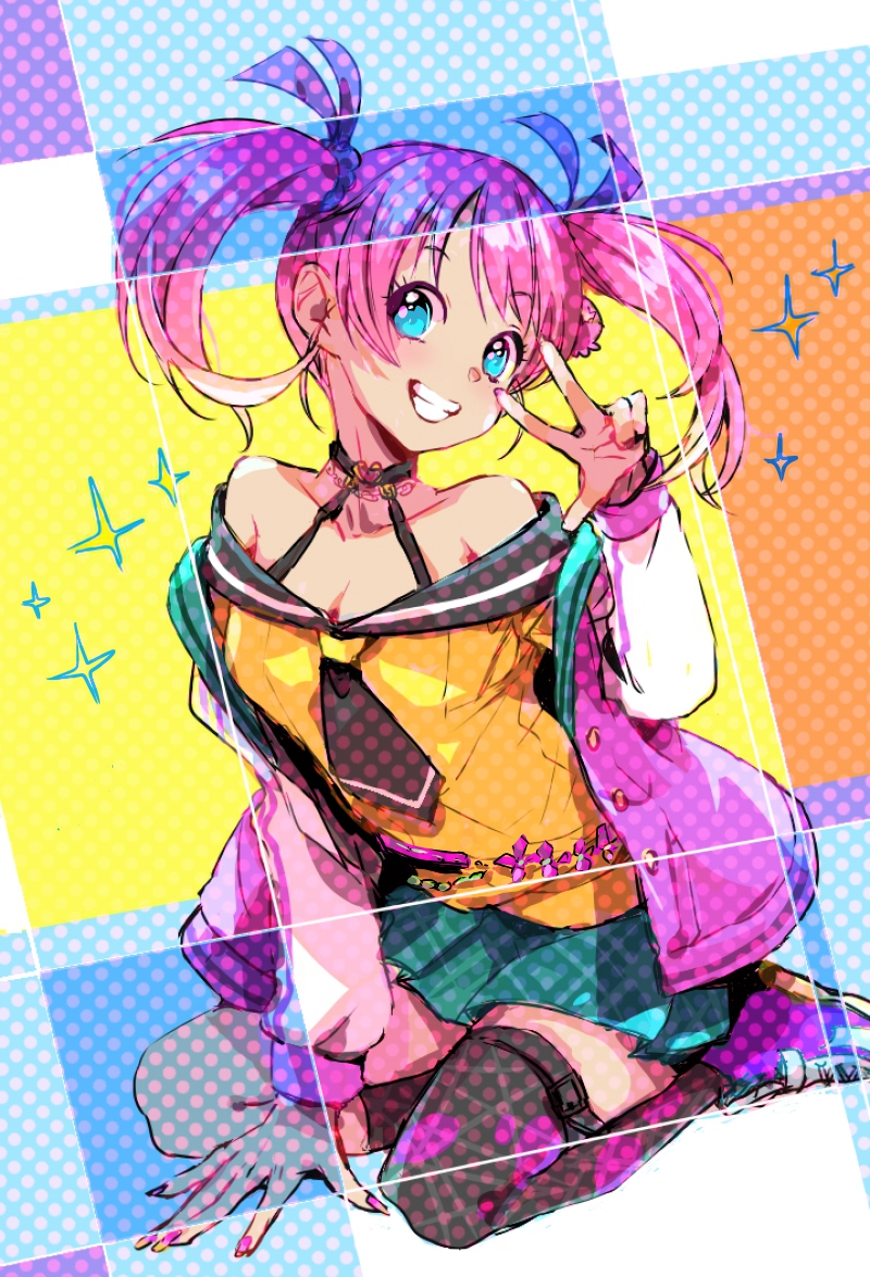 1girl, bare_shoulders, blue_eyes, breasts, choker, commentary_request, dohna_dohna_issho_ni_warui_koto_o_shiyou, fingernails