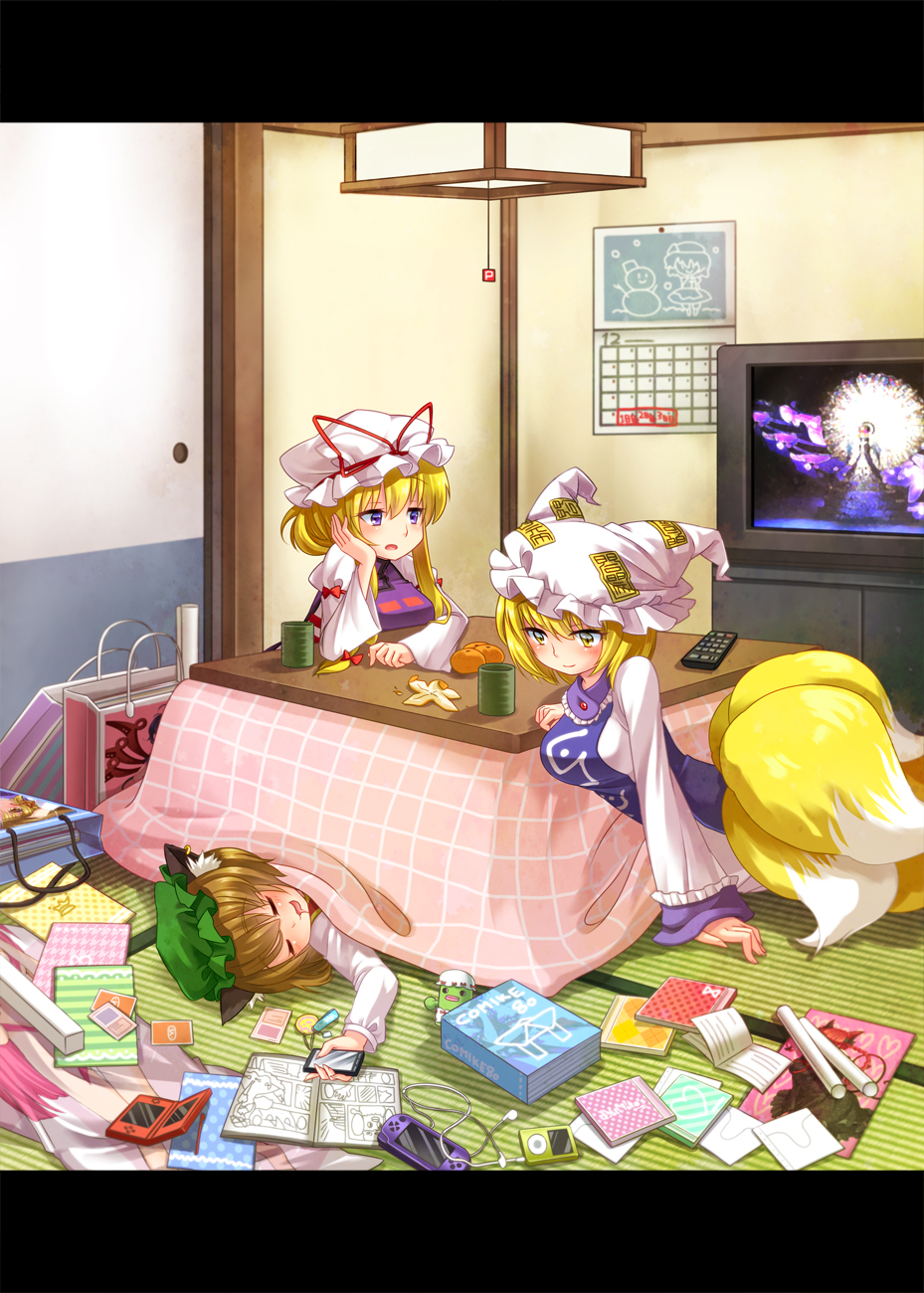 animal_ears, bag, blonde_hair, blue_eyes, book, bow, breasts, brown_eyes, brown_hair, calendar, calendar_(object), cat_ears, cd, cellphone, chen, controller, cup, dakimakura_(object), digital_media_player, doujinshi, drooling, food, fox_tail, fruit, hair_bow, hat, hat_with_ears, highres, houjuu_nue, indoors, ipod, jewelry, kaenbyou_rin, kotatsu, letty_whiterock, light_smile, long_hair, mandarin_orange, mess, messy, messy_room, mikan, momojiri_aya, moriya_suwako, multiple_girls, multiple_tails, nintendo_ds, phone, pillow, playstation_portable, power-up, product_placement, psp, remote_control, short_hair, single_earring, sleeping, table, tail, teacup, television, touhou, twintails, yakumo_ran, yakumo_yukari