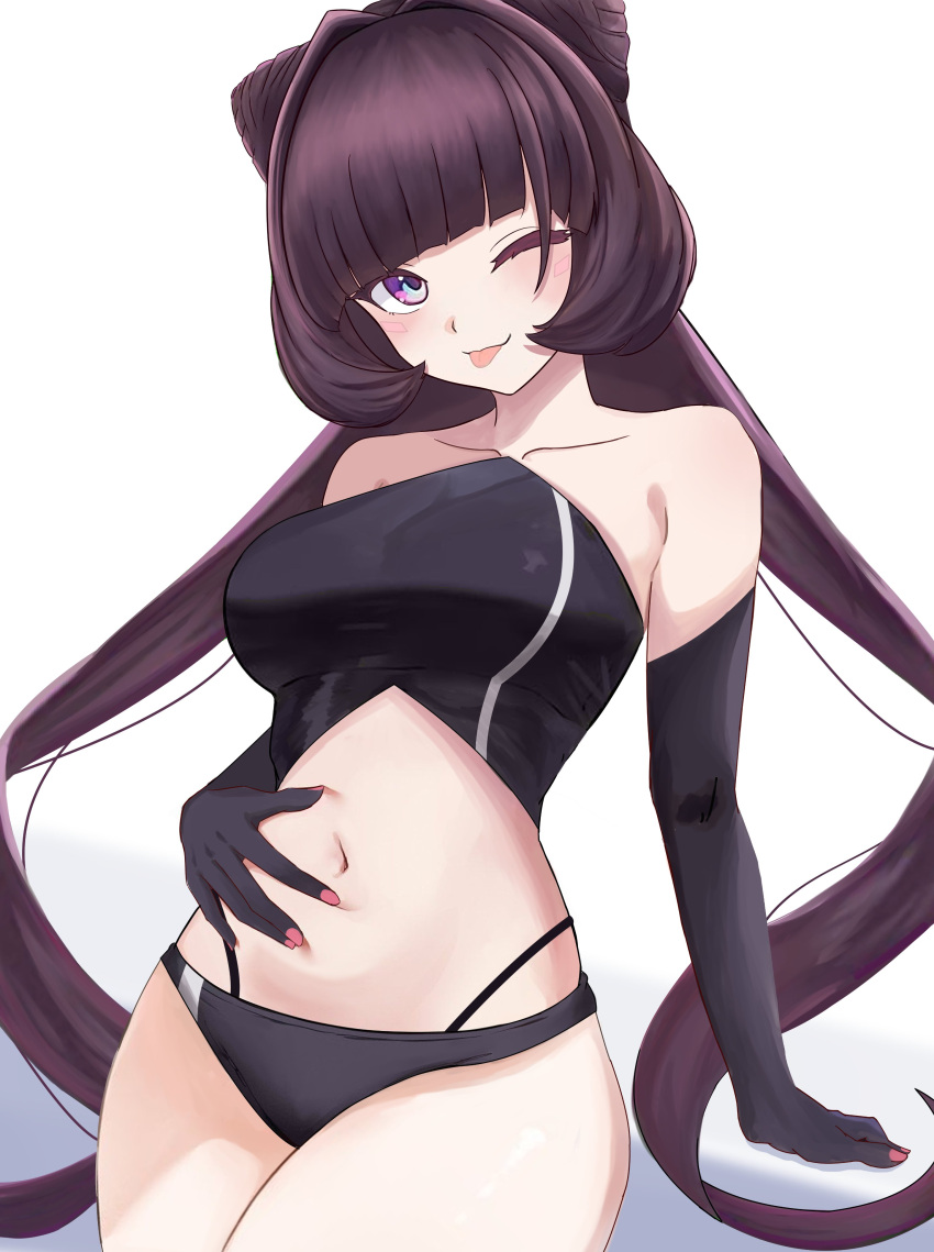 1girl, absurdres, azki_(1st_costume)_(hololive), azki_(hololive), black_gloves, black_hair, black_tube_top, commentary, elbow_gloves, emoooojiiii, facial_mark, gloves, highres, hololive, long_hair, looking_at_viewer, navel, strapless, tube_top, twintails, very_long_hair, violet_eyes, virtual_youtuber