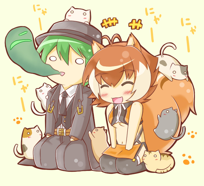 blazblue, brown_hair, cat, fedora, giving_up_the_ghost, green_hair, hat, hazama, makoto_nanaya, necktie, smile, tail, thighhighs, zibun
