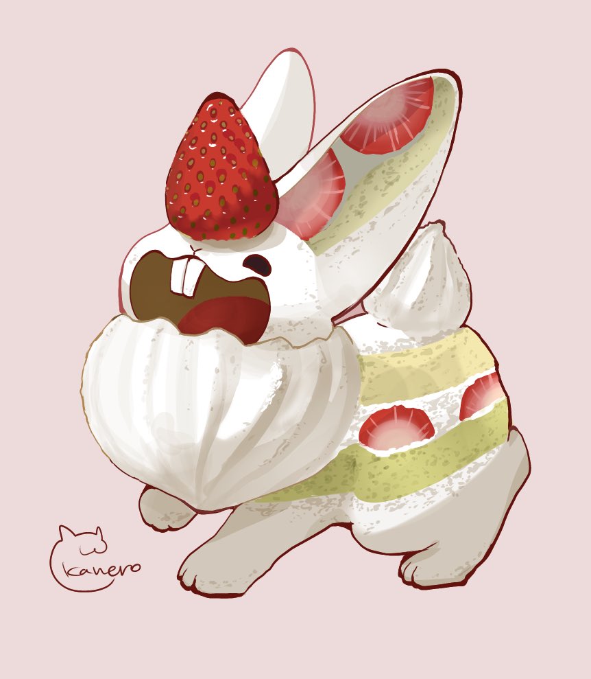artist_name, buck_teeth, cake, commentary_request, creature, creature_focus, food, food-themed_creature