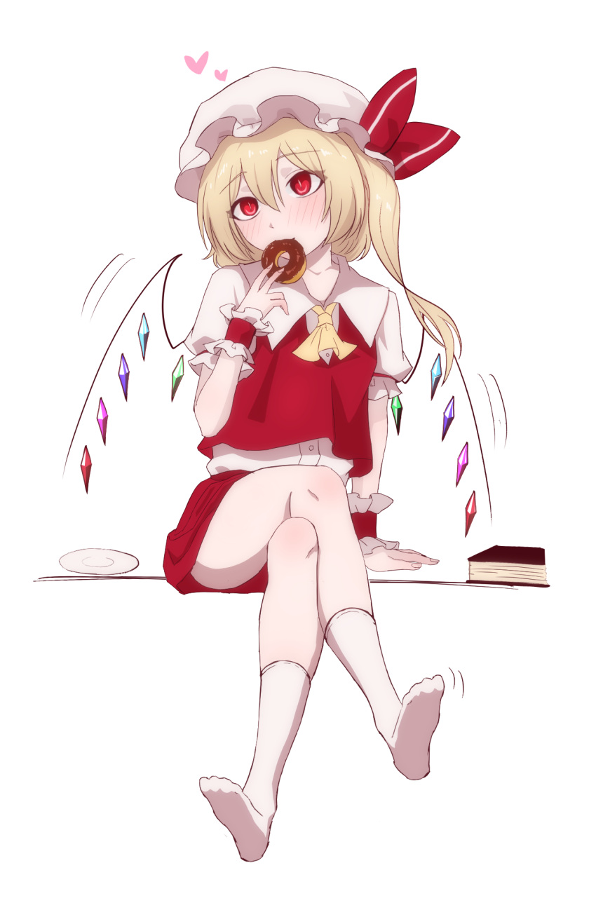 1girl, ascot, blonde_hair, blush, book, collared_shirt, commentary_request, crossed_legs