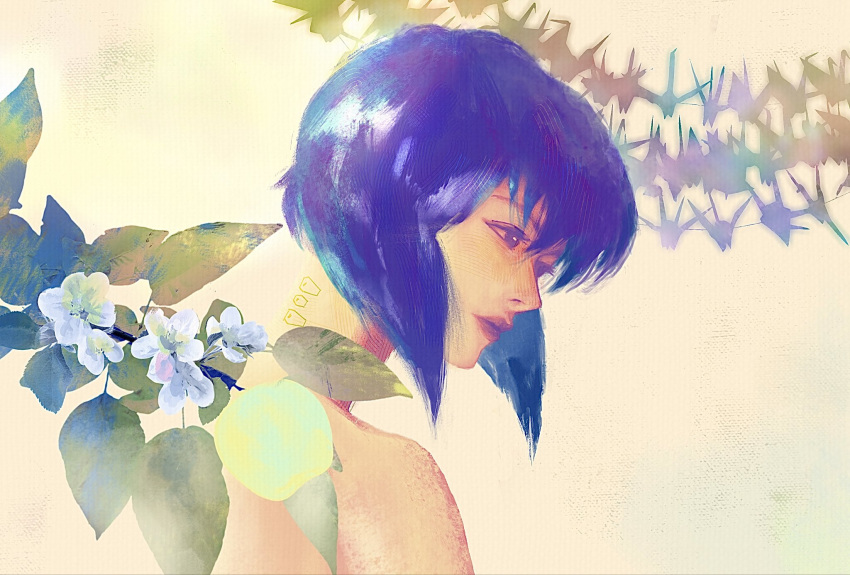 1girl, breasts, commentary, deadcalm_(de6mpgi6jb44717), expressionless, flower, from_side, ghost_in_the_shell