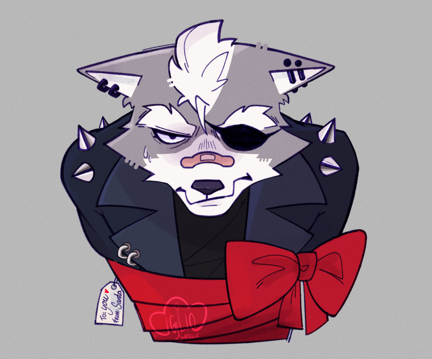 1boy, animal_ears, artist_name, bandaid, bandaid_on_face, bandaid_on_nose, ear_piercing, english_commentary, english_text, eyepatch, furry, furry_male, grey_background, grey_fur, highres, iglioatelle, male_focus, piercing, ribbon, star_fox, sweatdrop, wolf_boy, wolf_ears, wolf_o'donnell