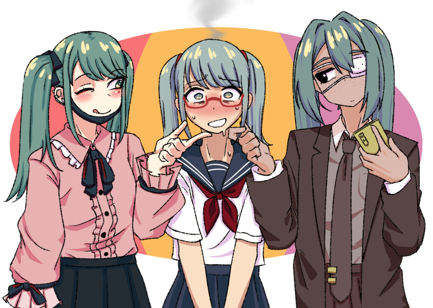 3girls, :p, ;p, black_eyes, black_skirt, blue_hair, blue_skirt, blush