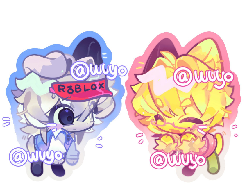 2boys, andrew_(bad_things), animal_ears, bad_things_(roblox), black_eyes, blonde_hair, cat_ears, cat_tail, chibi, closed_mouth, commentary, dog_ears, dog_tail, heterochromia, highres, humanization, ivan_(bad_things), multiple_boys, pink-framed_eyewear, roblox, simple_background, tail, visor_cap, white_background, white_eyes, white_hair, wuyo030, yellow_eyes