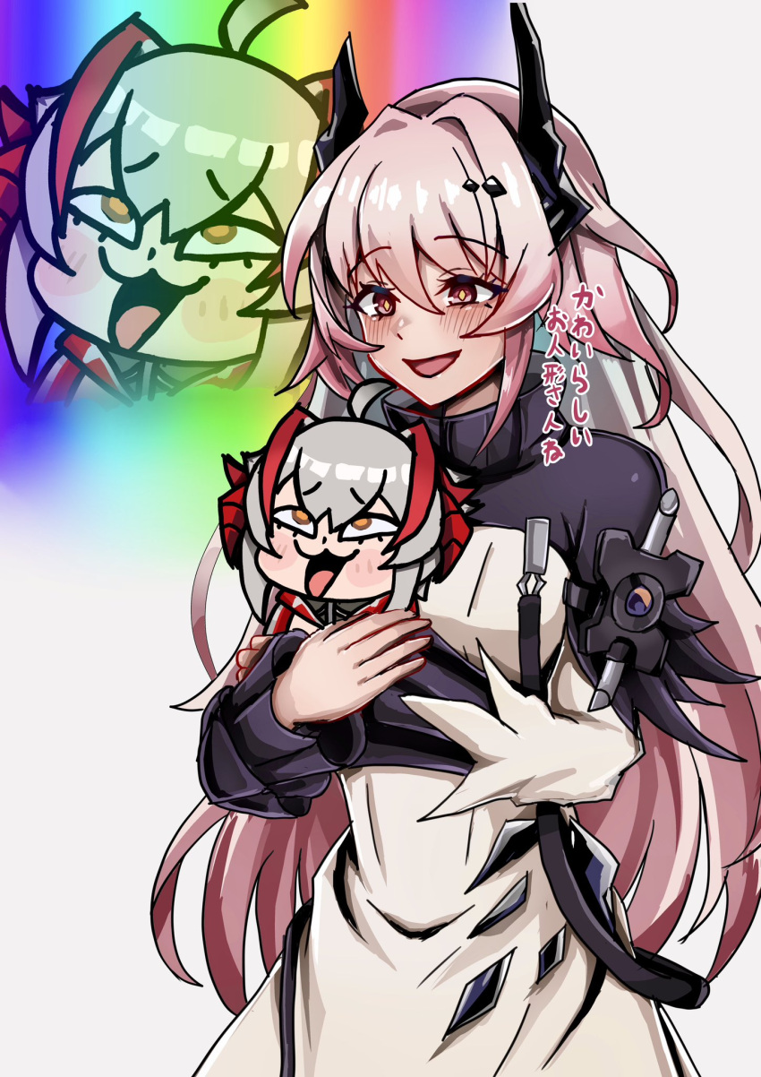 2girls, :3, :d, arknights, black_horns, blush, chibi, commentary_request