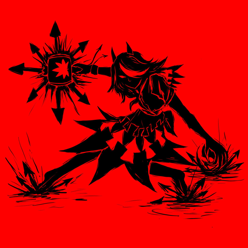 1girl, album_cover_redraw, arrow_(symbol), arrow_print, bracelet, commentary, derivative_work, dress, hammer, highres, holding, holding_hammer, horns, jewelry, kijin_seija, looking_at_viewer, medium_hair, monochrome, occultonic, oni, red_background, red_theme, simple_background, solo, touhou, ultrakill