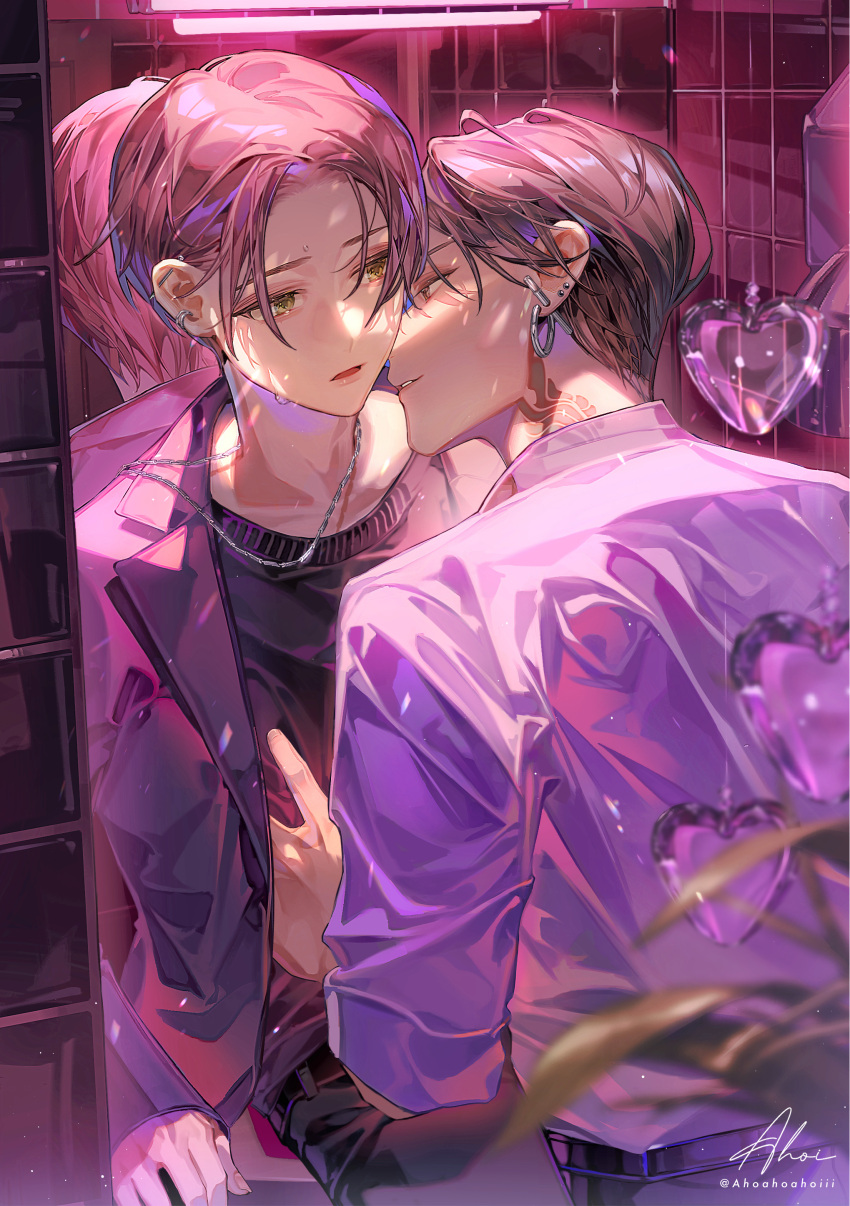 2boys, absurdres, ahoi, black_pants, black_sweater, brown_hair, commentary_request, ear_piercing