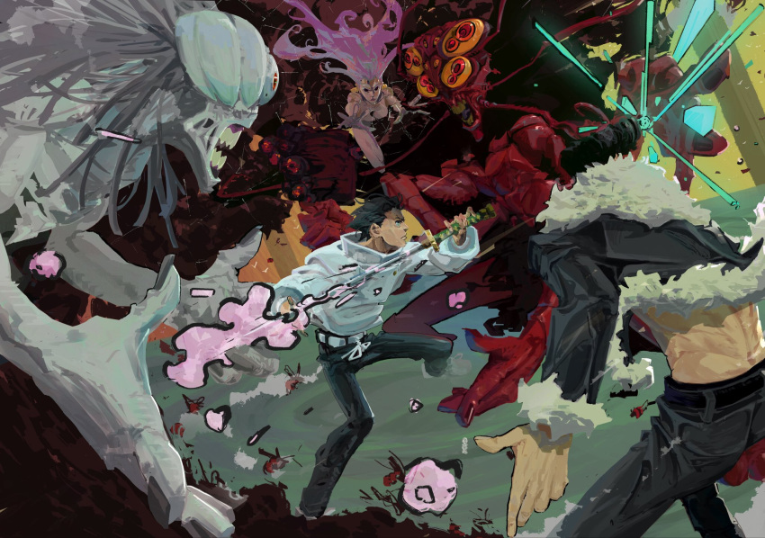 1girl, 2boys, 2others, black_hair, black_jacket, black_pants, black_sclera, breasts, bug, cleaver, cockroach, colored_sclera, curse, cursed_spirit_(jujutsu_kaisen), earrings, extra_arms, extra_eyes, festering_life_sword, fur_trim, highres, holding, holding_cleaver, holding_sword, holding_weapon, ishigori_ryu, jacket, jewelry, jin_(evrythgistwice), jujutsu_kaisen, katana, kurourushi_(jujutsu_kaisen), large_breasts, long_hair, male_focus, multiple_boys, multiple_others, nude, okkotsu_yuta, orimoto_rika, pants, pink_hair, pompadour, red_eyes, short_hair, solo, sword, teeth, uro_takako, weapon, white_jacket