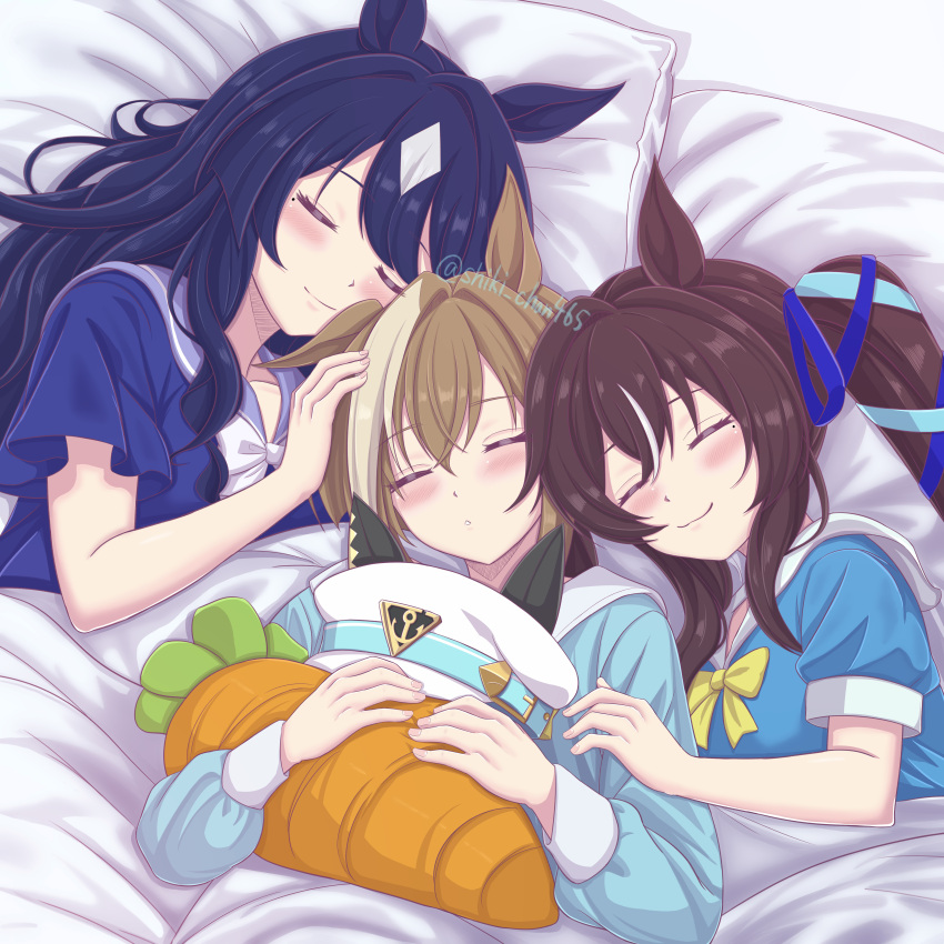 3girls, :3, absurdres, animal_ears, blue_hair, blue_ribbon, blue_shirt, blush