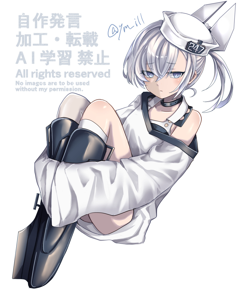 1girl, absurdres, black_one-piece_swimsuit, commentary_request, dace_(kancolle), dixie_cup_hat, grey_eyes, grey_hair