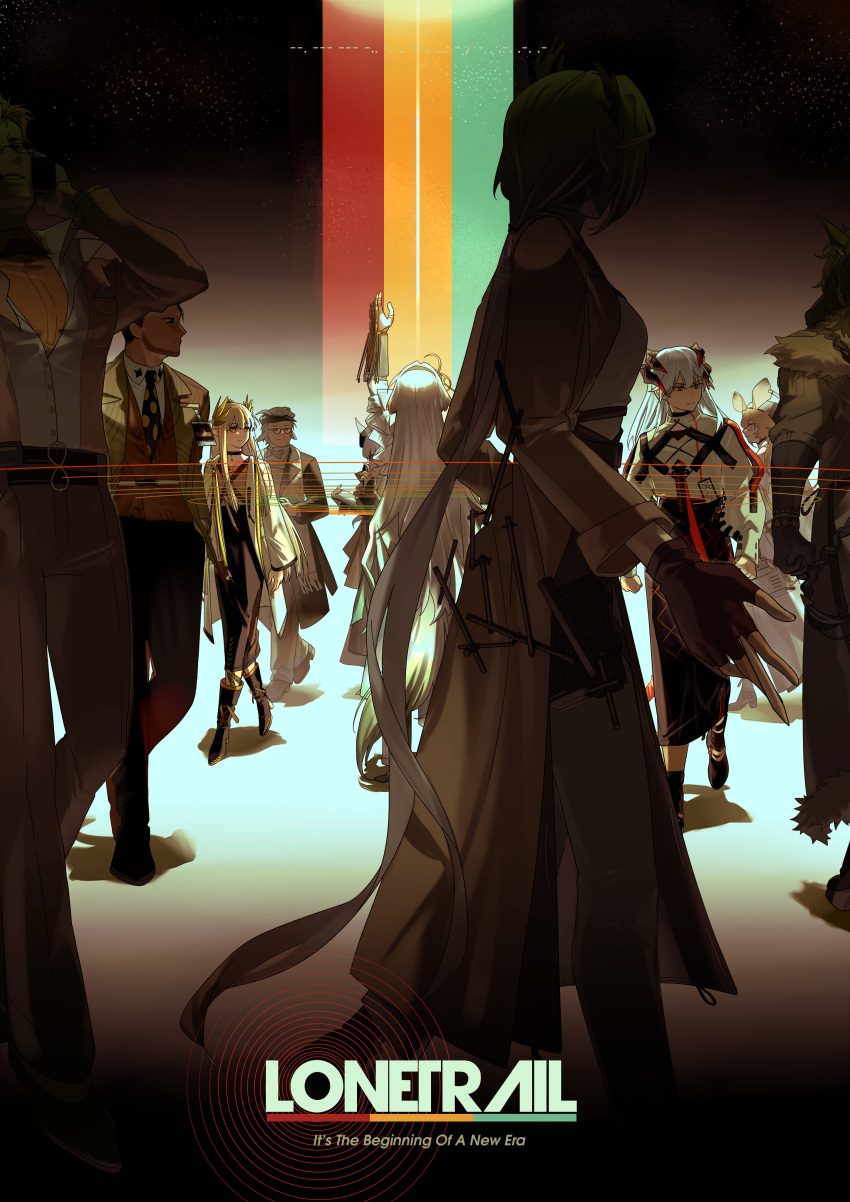 4boys, 5girls, absurdres, ahrens_parvis_(arknights), andenate_maryam_(arknights), arknights, arm_up, black_gloves