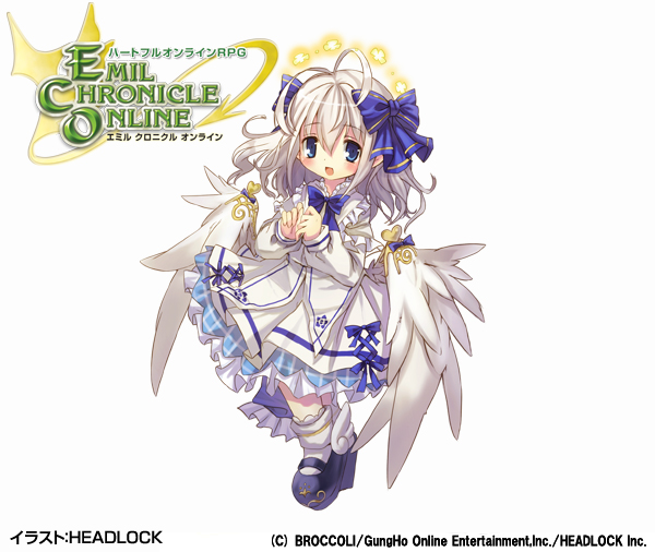 1girl, angel_feather_alma, antenna_hair, artist_request, blue_boots, blue_bow, blue_eyes, blue_ribbon, blue_skirt, boots, bow, bowtie, capelet, company_name, copyright_logo, copyright_notice, emil_chronicle_online, frilled_capelet, frilled_skirt, frills, hair_bow, halo, logo, official_art, open_mouth, ribbon, shirt, skirt, socks, solo, white_background, white_capelet, white_hair, white_shirt, white_skirt, white_socks, white_wings, wing_ornament, wings
