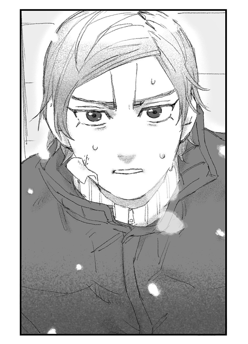 1boy, absurdres, alone_enen, breath, coat, commentary_request, dogsred, greyscale