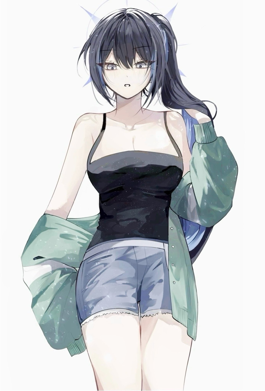 1girl, bare_legs, bare_shoulders, blue_archive, blue_halo, breasts, coat, engmuu_125