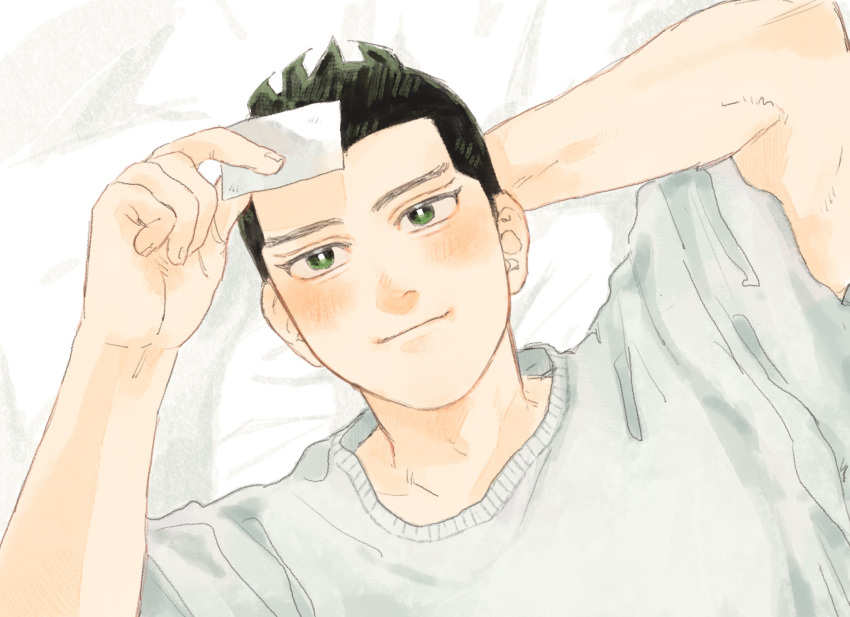 1boy, alone_enen, arm_behind_head, black_hair, blush, commentary_request, dogsred, green_eyes